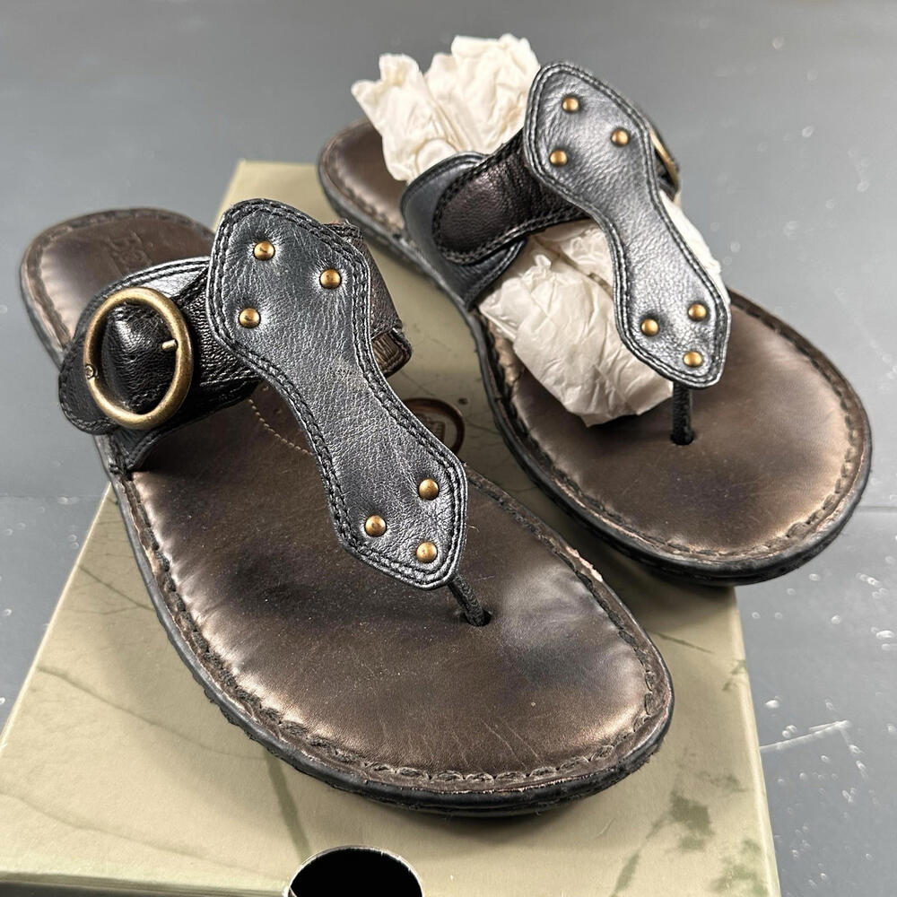 Born Sandals Womens 9 April Gray Nickel Thong Flat Leather Strap w/ Box